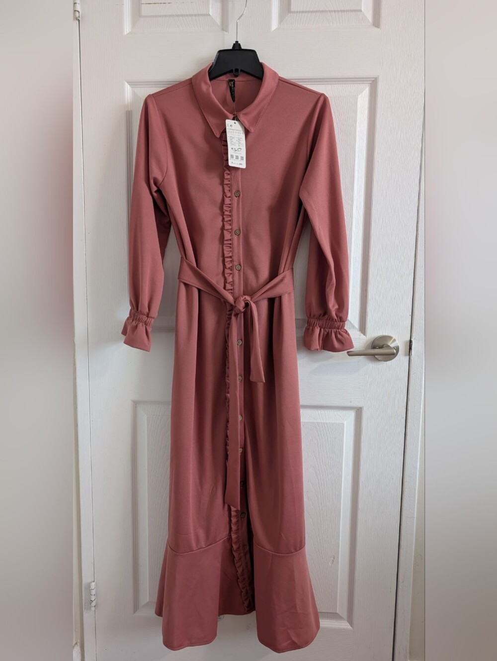 NWT Long Sleeve Cotton Ruffle Button Down Maxi Shirt Pink - Elegant Everyday